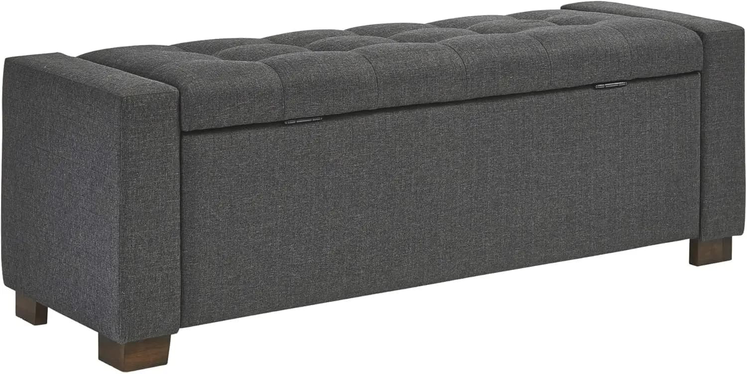 Panca contenitore con seduta trapuntata, panca imbottita grigio antracite per ingresso, contenitore con coperchio a cerniera