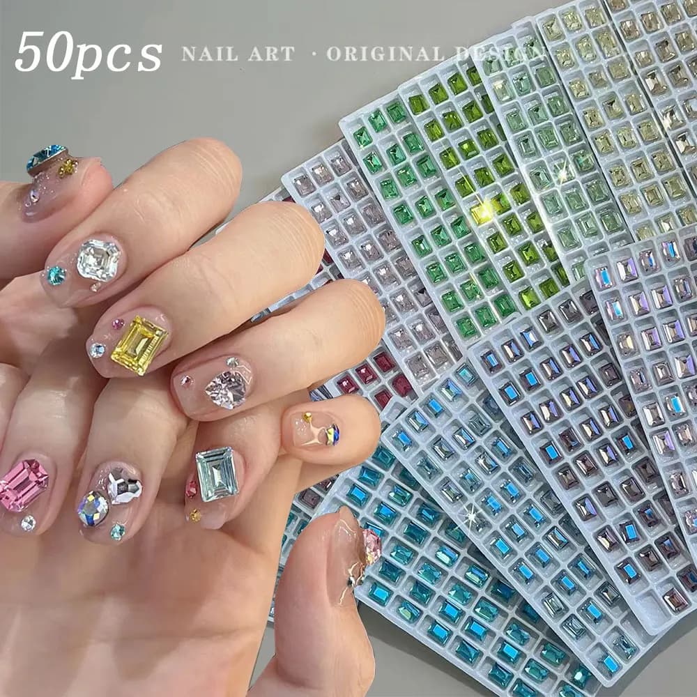 50 pz 6*8mm Rettangolo Gemme Per Unghie Strass K9 Glitter Zircone Per Unghie Cristalli Diamanti a punta Cubo di Zucchero Dopamina Unghie Dec