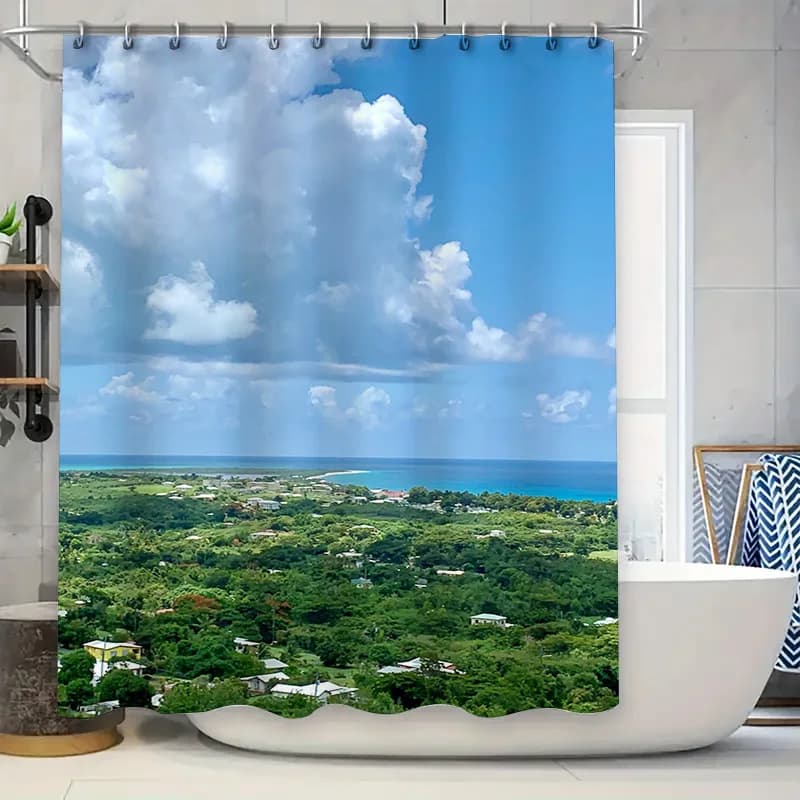 Tenda da doccia da esterno con tessuto impermeabile dal design Cloudscape per decorazioni da bagno.