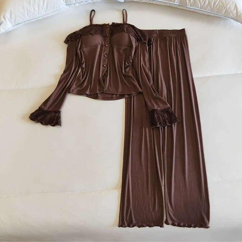 Pijamas Sexy Mujer Korean Chest Pad Modal Women's Pajamas Set Long Sleeve Winter Autumn Sleepwear 2 Piece Woman Home Suit