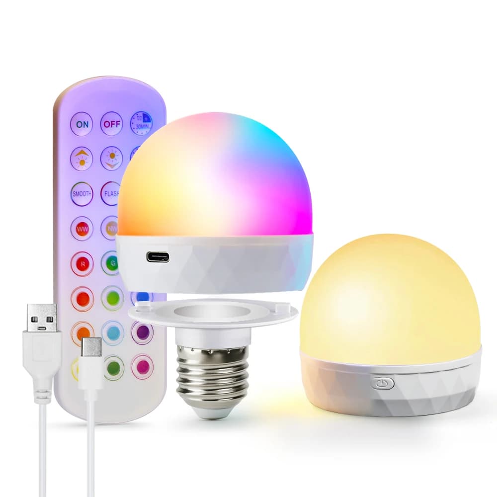 Lampadina LED E27 RGB Ricaricabile USB 5V con Telecomando Intelligente per Campeggio, Feste e Casa