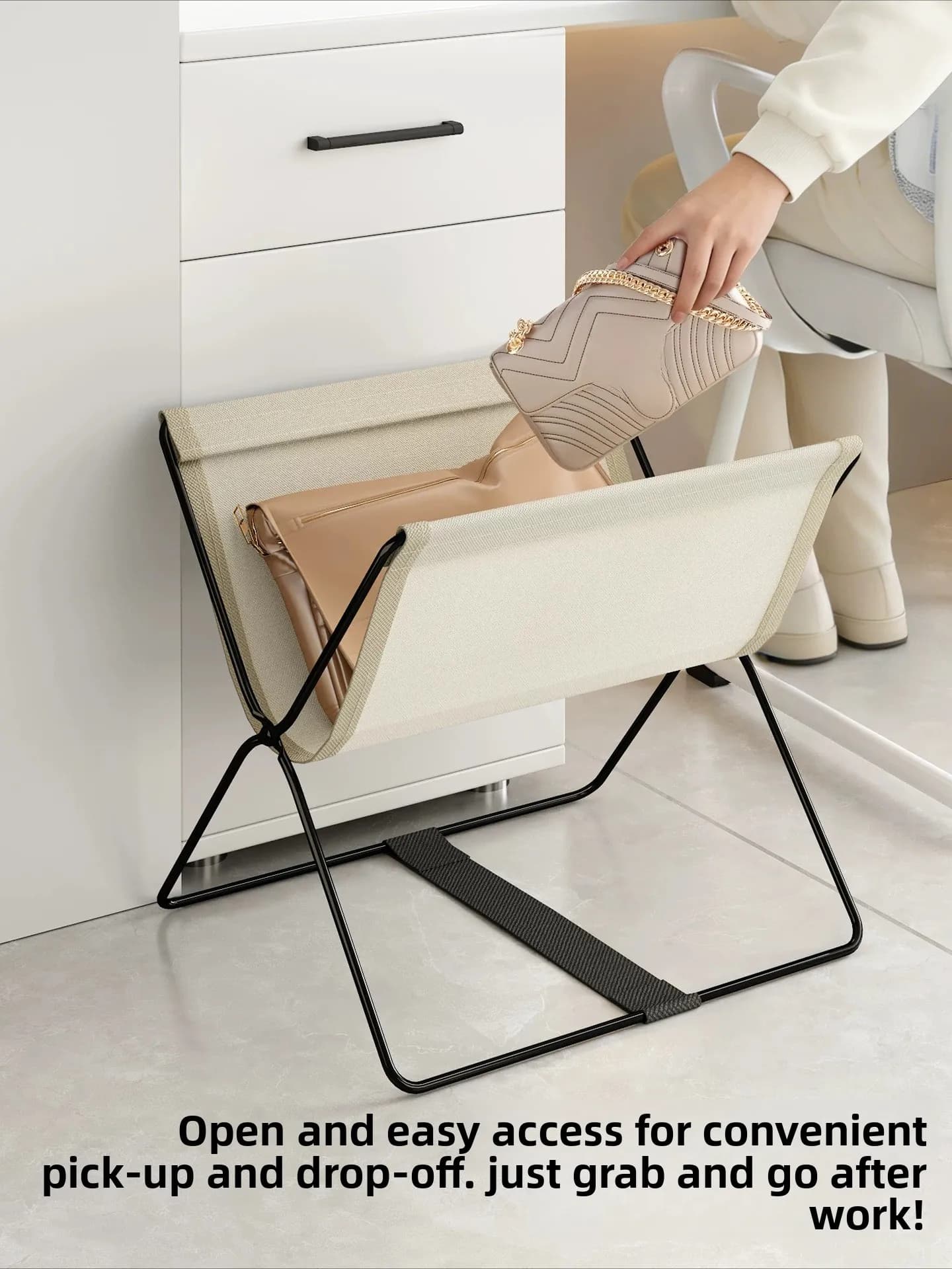 Foldable Under-Desk Storage Rack – Mobile Bag Holder Organizer with Wheels for Office Backpack & Tote, Space-Saving Trolley