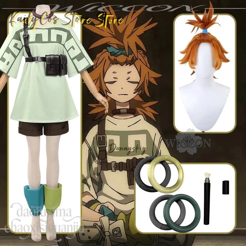 Costume Cosplay Anime Gachiakuta Remlin Tissark, Green T-shirt, Shorts, Wigs, 3D Polylactic Acid Bracelet, Copricapo, Complete Halloween Set