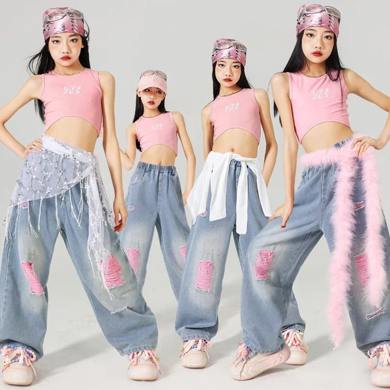 Costume da spettacolo di danza jazz Ragazza Kpop Stage Outfit Gilet rosa Jeans larghi Abiti moda estivi Abbigliamento da ballo di strada per bambini AMY1792