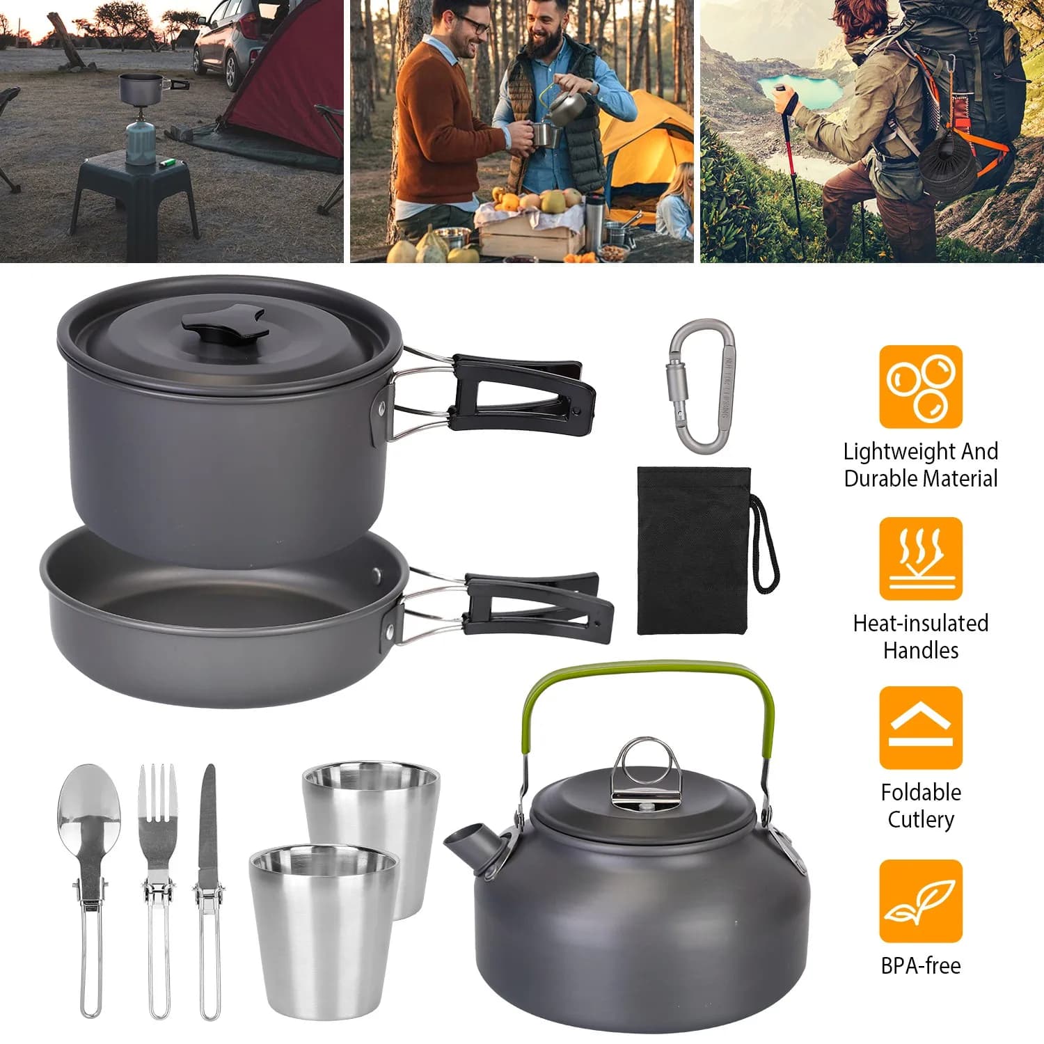 12Pcs Camping Cookware Set, Lightweight Hard Anodized Aluminum Pot Pan Kettle Kit with 304 Stainless Steel Foldable Cutlery & Cups, Heat Resistant Foldable Handles, Portable Storage Bags & Carabiner for Backpacking Hiking Picnic 2-3 People