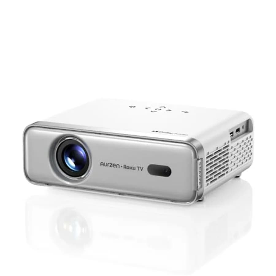 Mini Proiettore Portatile da Esterno per Film con Roku Streaming 1080P FHD Audio Dolby Auto Focus Keystone Zoom Argento WiFi e Bluetooth