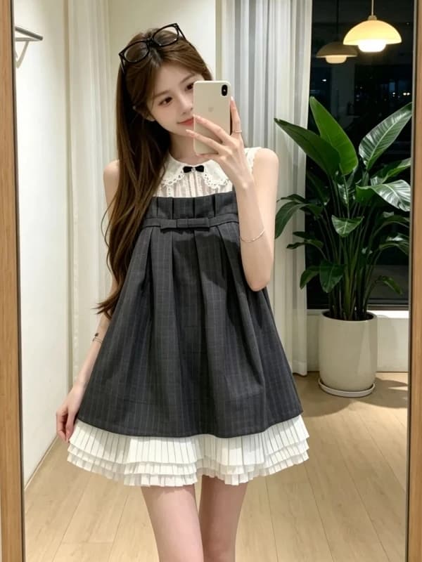 Sweet Preppy Style Pleated Loose Summer Dress Doll Collar Sleeveless Blouse Two Piece Set A-Line Skirt Casual Wear for Women