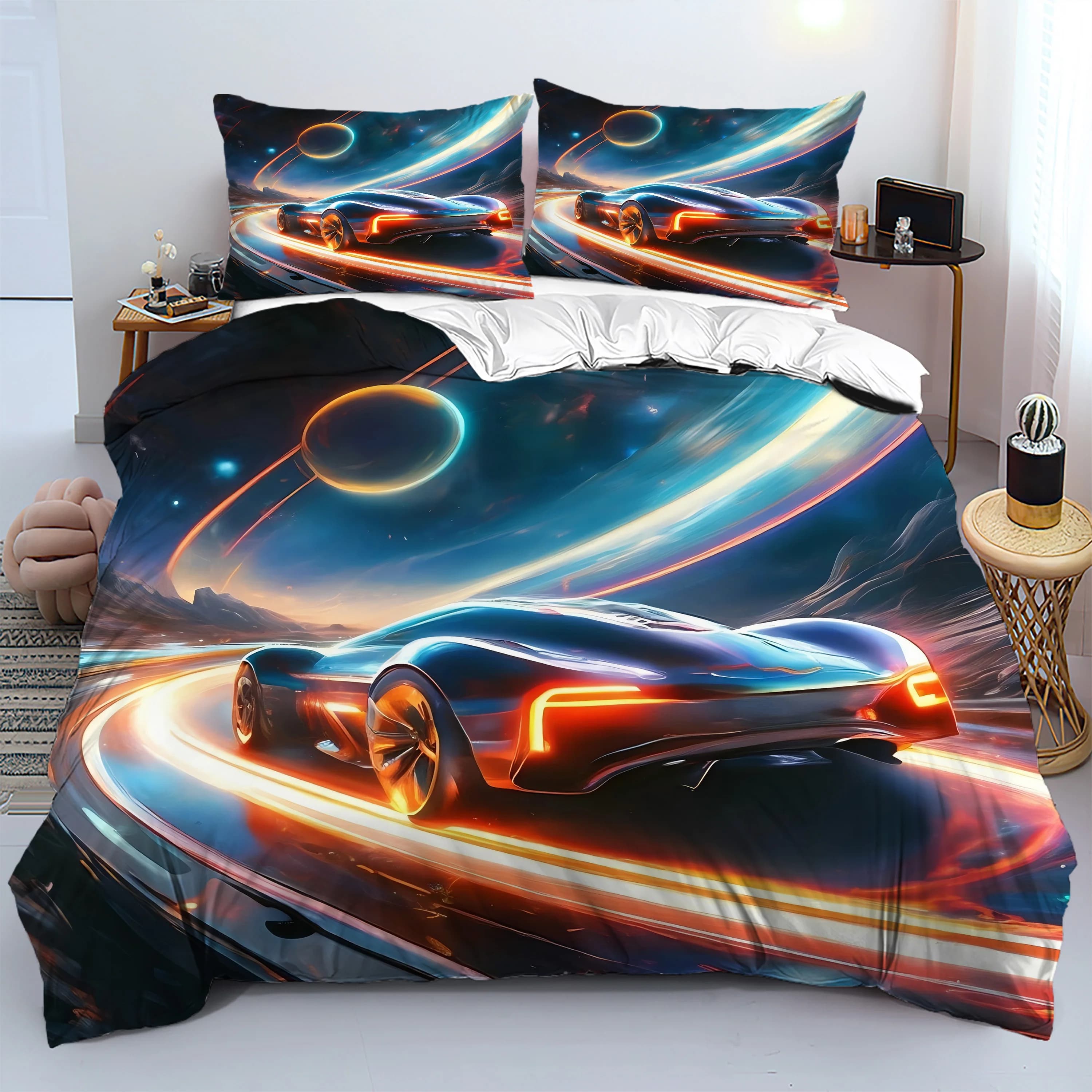 Fresco colorato auto sportiva cartone animato 3D stampato copripiumino morbido e confortevole set di biancheria da letto tessili per la casa poliestere 2/3 pezzi copripiumino