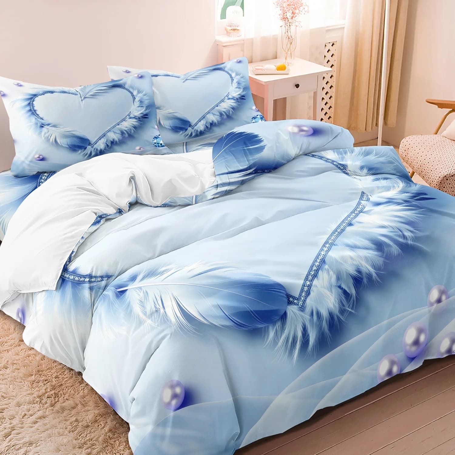 Set copripiumino con piume blu, cuore, perle e diamanti, 3 pezzi, con stampe ad alta definizione, confortevole per coppie, per casa e dormitorio