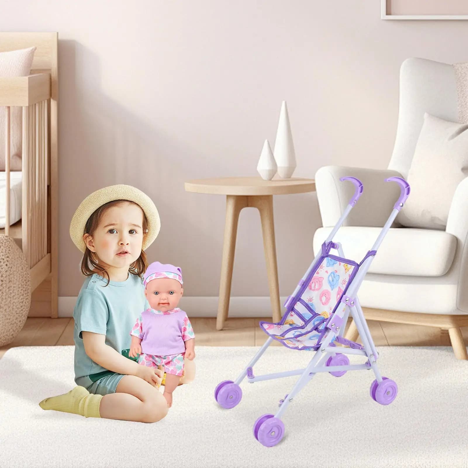 Passeggino per bambole giocattolo per bambini Passeggiata per bambini Gioca a passeggino Giocattolo Finta per bambole Carrozzina Vestire Accessori per giochi per la casa Pasqua Compleanno Nuovo