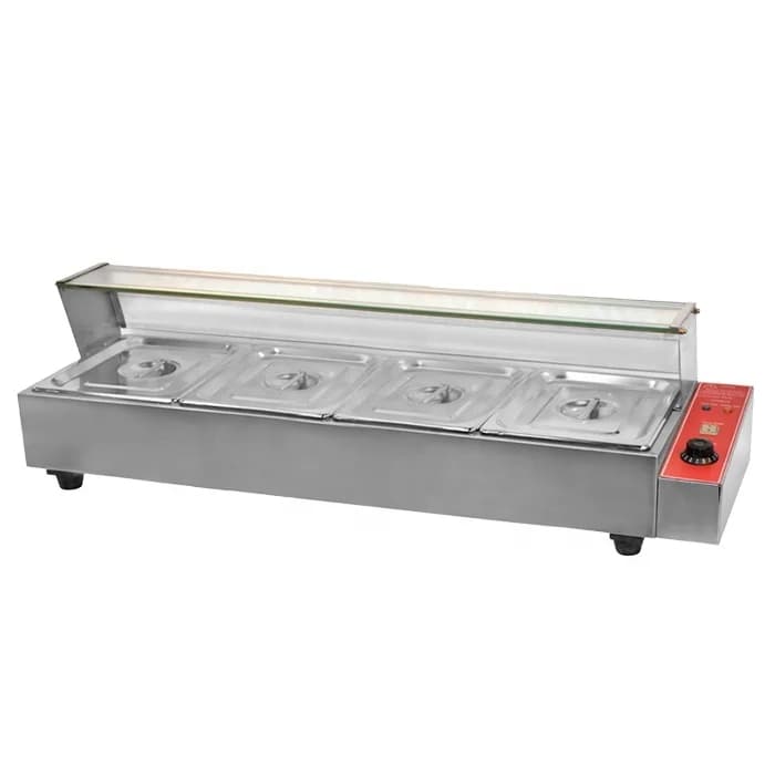 Bollitore elettrico commerciale per zuppa Display Bain Marie Curve Scaldavivande in vetro Attrezzatura per la ristorazione 3/4/5/6 vassoi in acciaio inossidabile per
