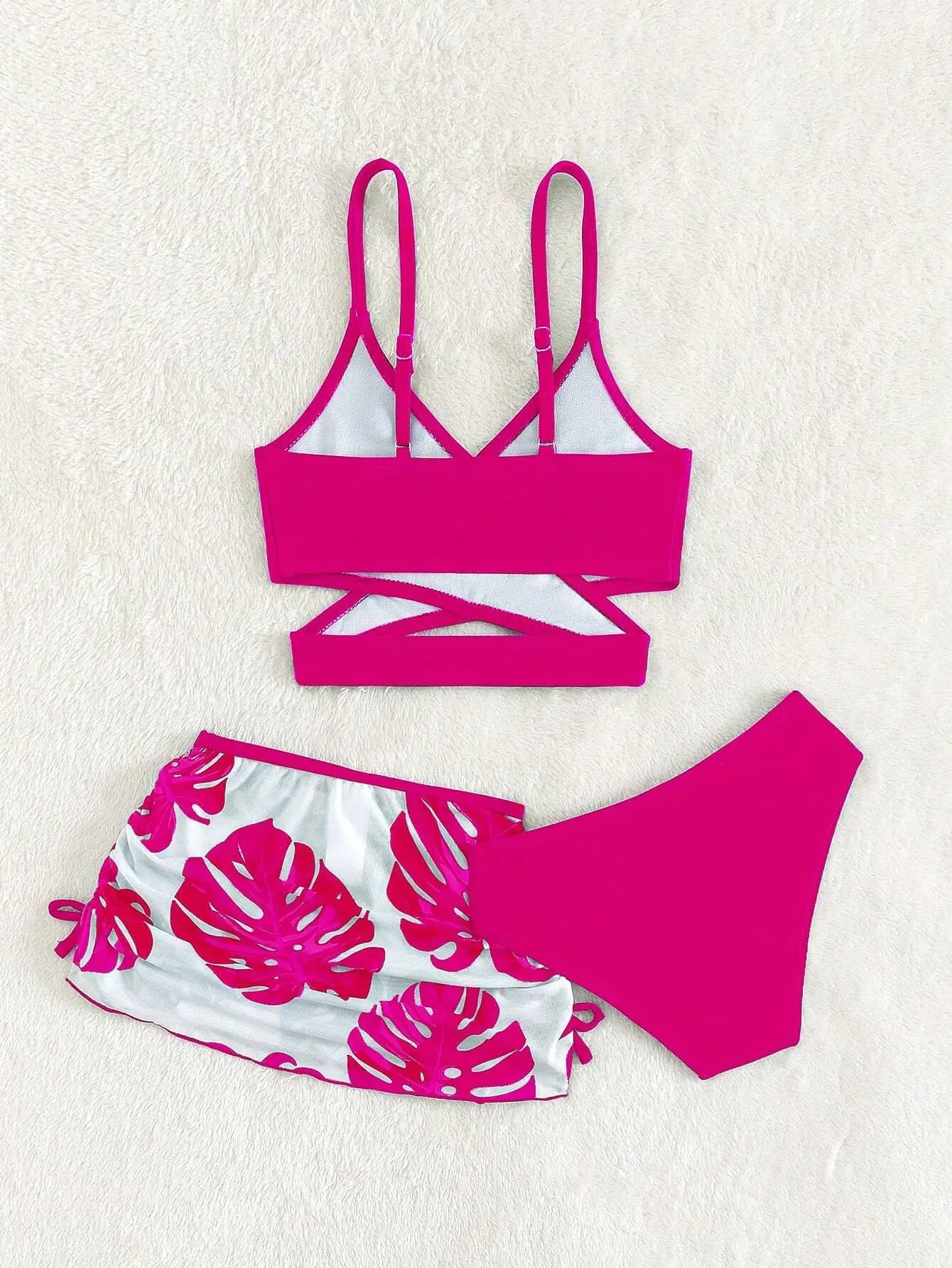Women Pink Cross Bikini Set With Tropical Leaf Print Cover Up Skirt
