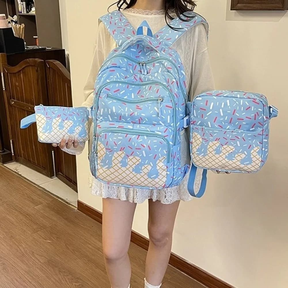 Oxford Fabric Ice Cream Printed Backpack Set with Crossbody Bag with Pencil Case Bookbag Large Capacity Matching Tote Bag
