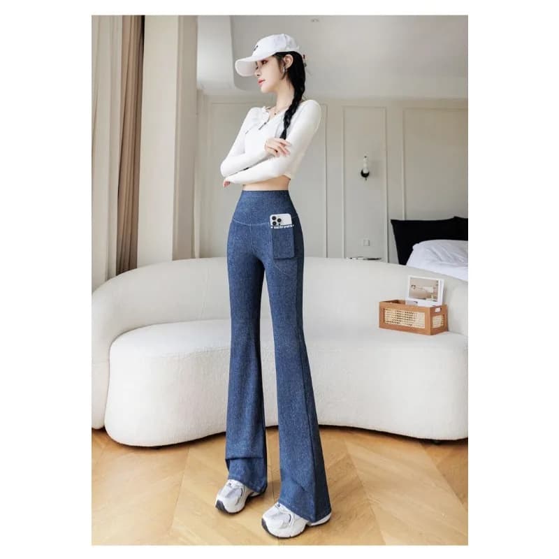 Leggings a Vita Alta Effetto Denim con Tasche e Gamba Svasata per Donna, Pantaloni da Yoga