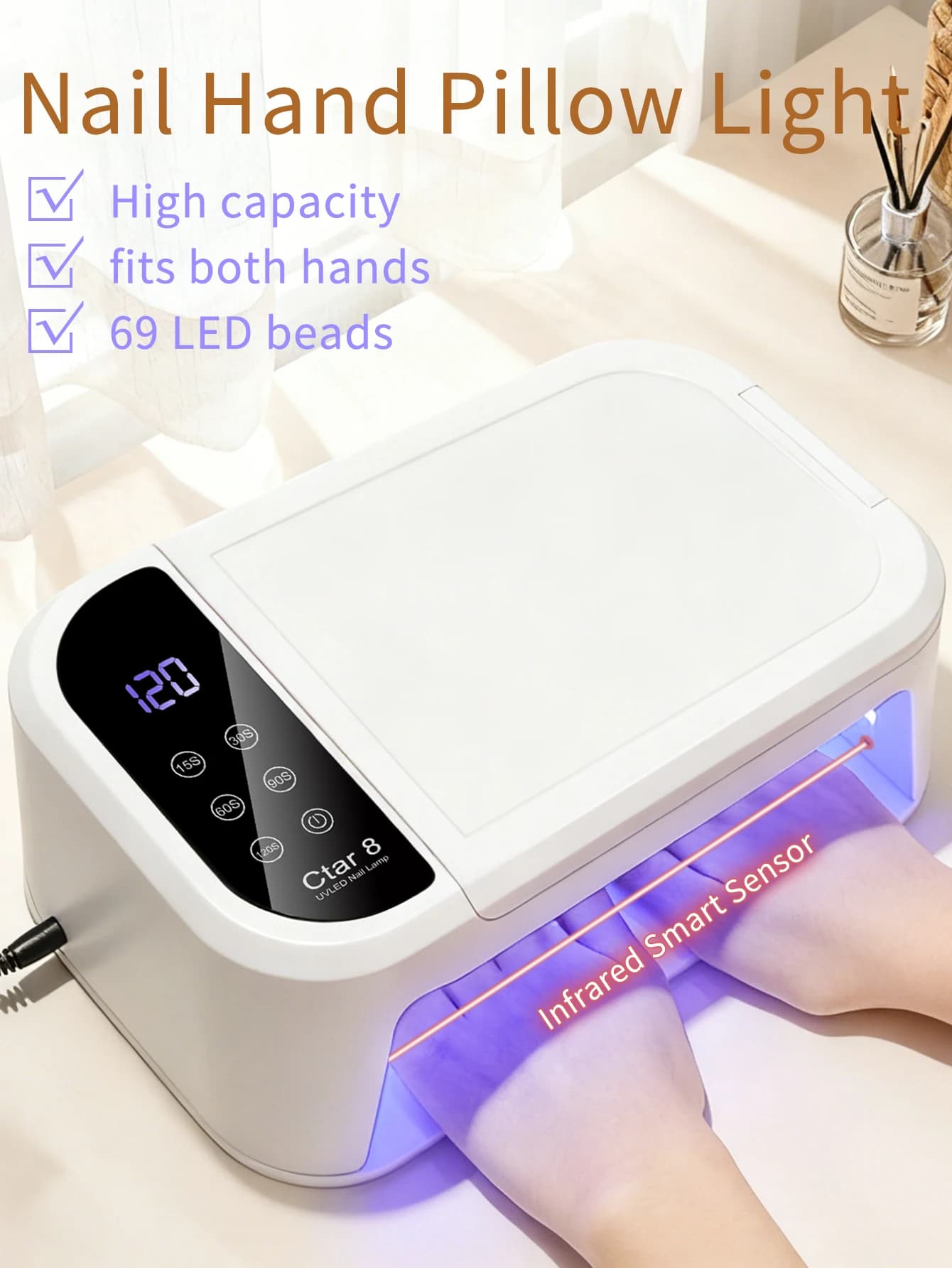 1pc LED Lampada a luce per cuscino a mano Essiccatore per colla UV, Essiccatore rapido per unghie Lampada UV per polimerizzazione dello smalto con 5 timer