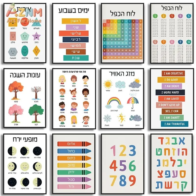 AZNM Hebrew Educational Kids Canvas Wall Art Alphabet Number Shape Season Weather Learning Chart Print Unframed Canvas Nursery C