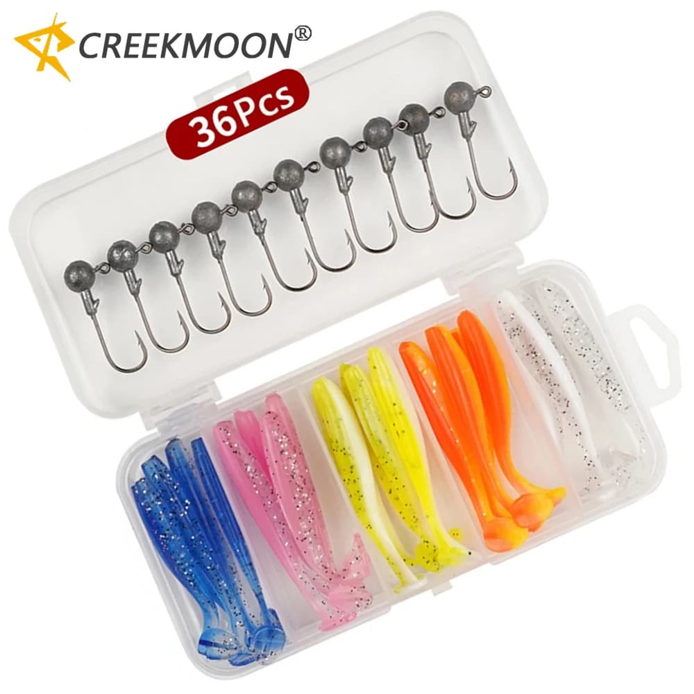 Set of 36 soft baits with jig head 6 cm and 3.5 g, with toolbox and girelles