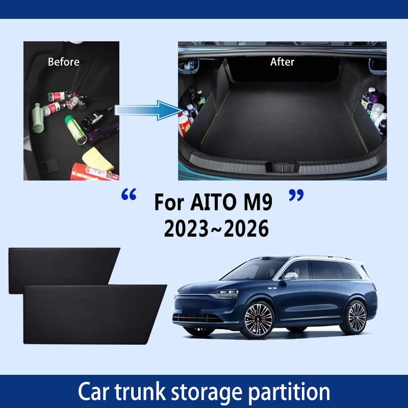 Accessori auto per AITO M9 2023 ~ 2026 25 Ispessimento Tronco Partizione di Stoccaggio Multifunzione di Stoccaggio Auto Parti Interni Organizzatore