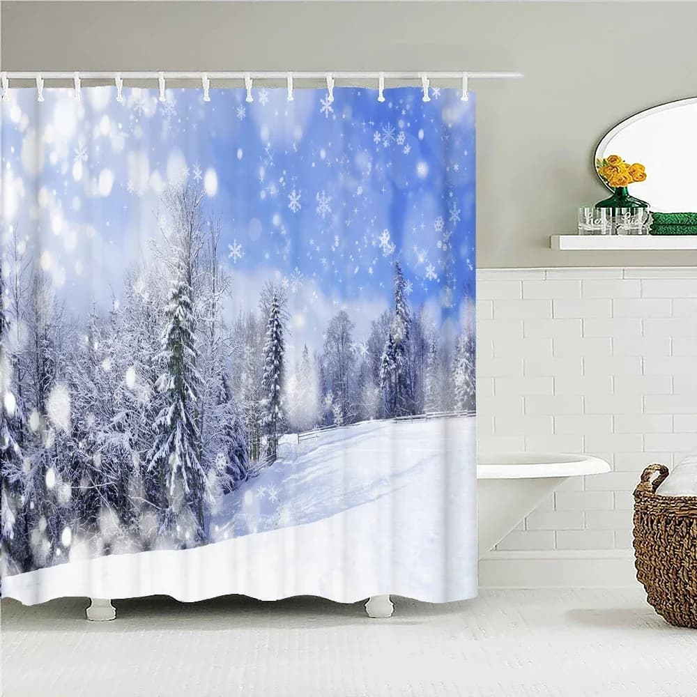 Tenda da doccia natalizia Tessuto impermeabile Scena di neve Alberi di cedro Stampa di paesaggi Tende da doccia per doccia da bagno con ganci