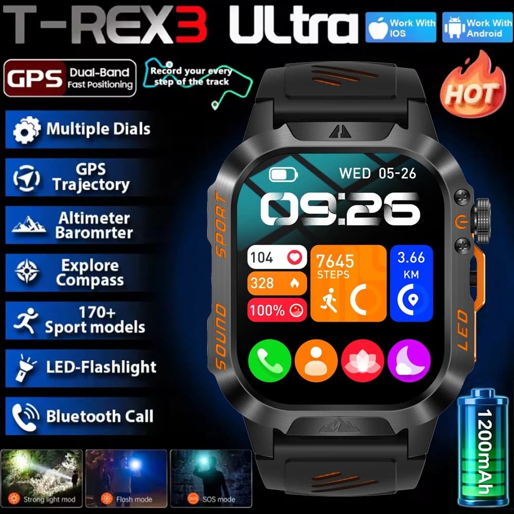 Nuovo Smartwatch T-Rex3 Pro 2026 con Batteria da 1200mAh, GPS, Impermeabile 5ATM, Tracker Sportivo, Bussola per Attività all'Aperto, Orologio Intelligente Militare
