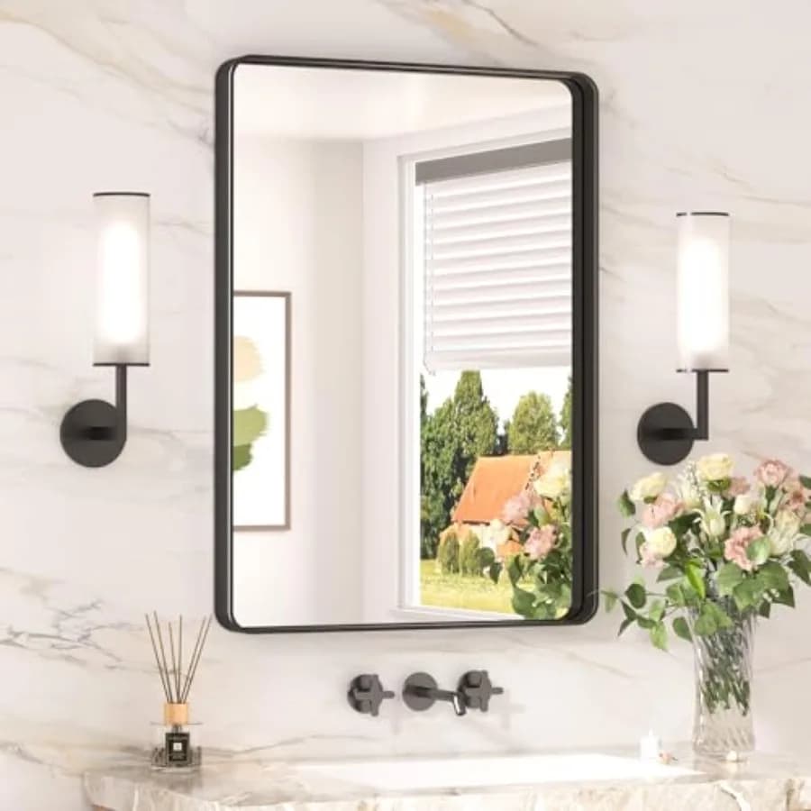 Specchio da bagno nero, 20 x 30 pollici, rettangolare arrotondato, per installazione sopra il lavabo, finitura sabbiata, stile rustico.