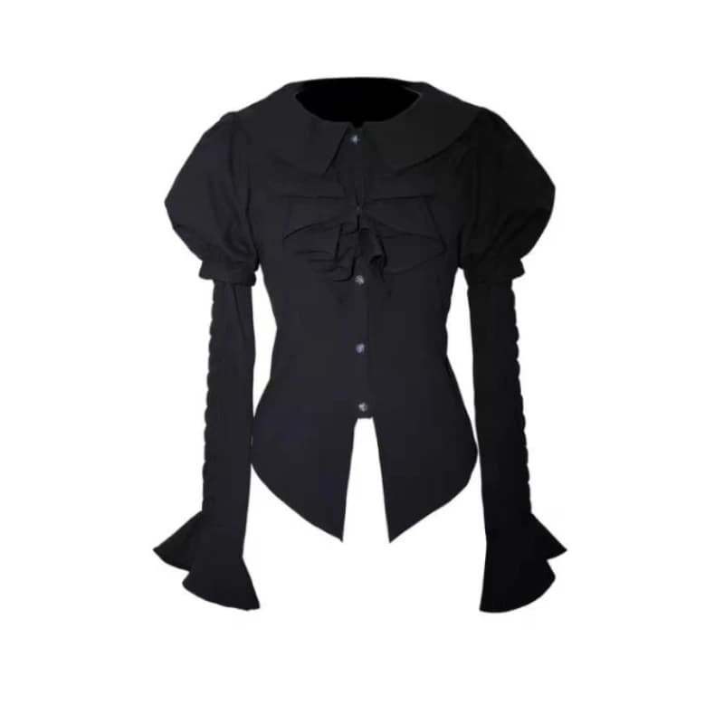 Camicette stile Lolita scuro gotico giapponese Camicette da donna con volant vintage Colletto alla Peter Pan Maniche staccabili Camicie Harajuku Y2k Slim Top
