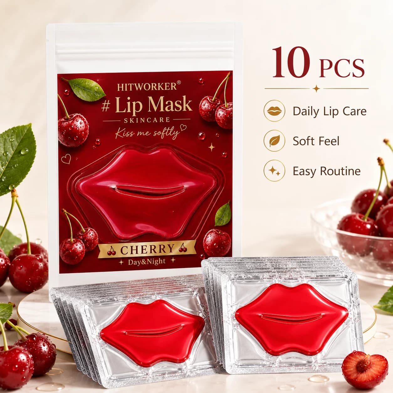 10Pcs Cherry Lip Skincare Masks, Soft-Touch Lip Care Patches for Daily Beauty Routine, Day & Evening Self-Care and Travel
