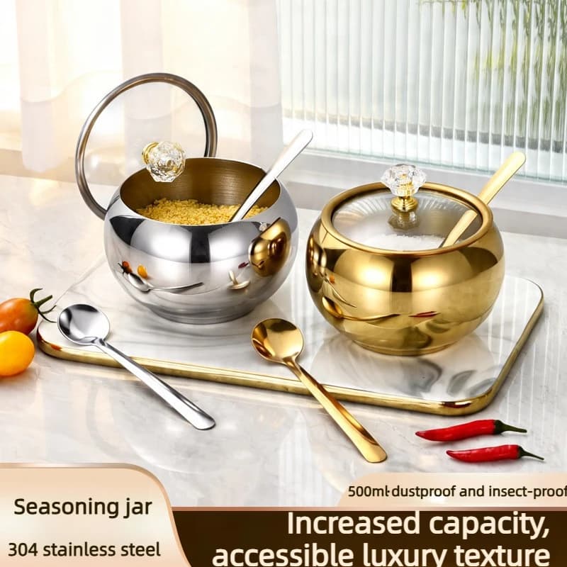 High Aesthetic Visual 304 Stainless Steel Seasoning Jar Set with Glass Lid Spoon and Tray Kitchen Seasoning Accessories