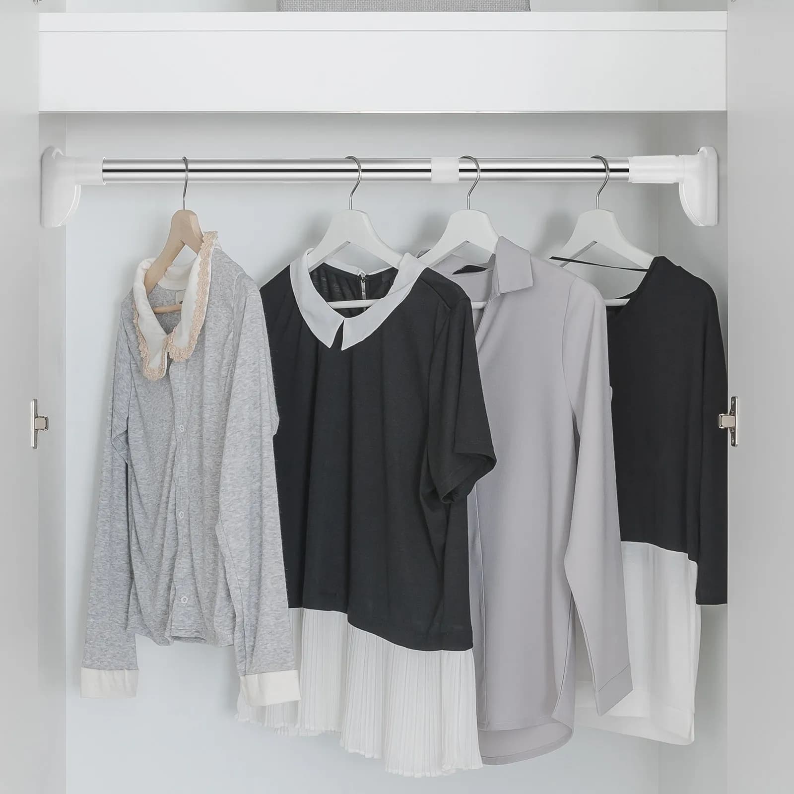2Pcs Sleek Stainless Steel Closet Hanger Rod Adjustable Heavy Duty Clothes Hanging Bar Wardrobe Laundry Room No Wall Damage