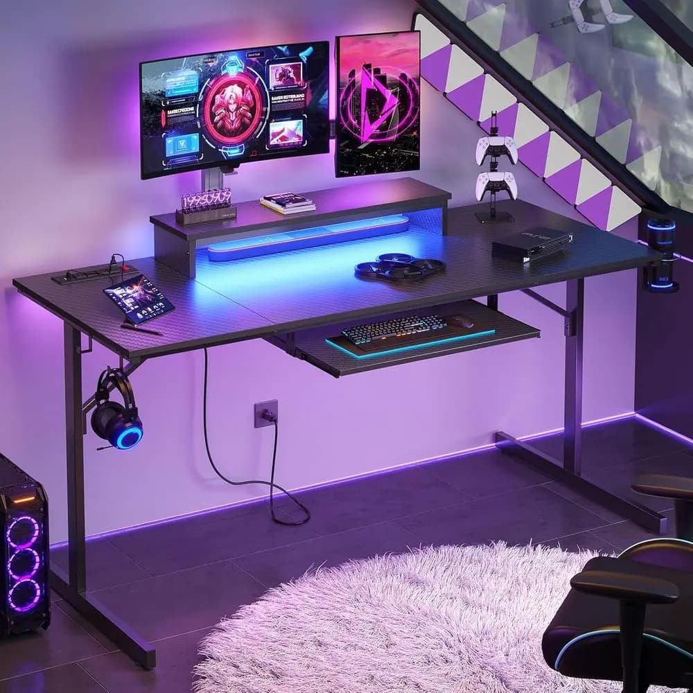 Scrivania da Gaming LED da 63 Pollici con Prese di Corrente, Grande Scrivania per Computer con Supporto Monitor, Portabicchieri e Ganci per Gestione Cavi - Carbonio