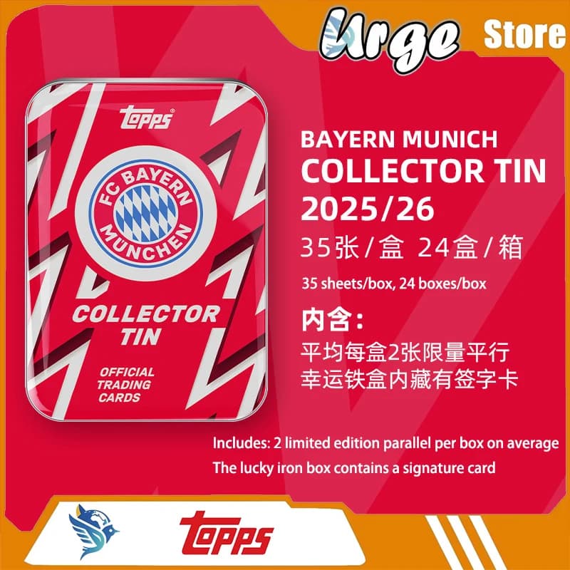 Topps 2025-26 Bayern Munich Collector Tin Collection Cards - 35 Carte da Collezione di Calciatori per Scatola, Include Regali Paralleli Limitati