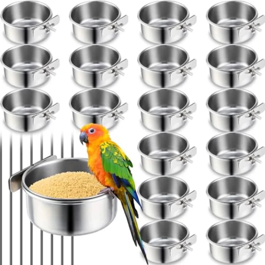 24 Pcs Stainless Steel Parrot Food Bowls Bulk 10 oz Bird Feeding Dish Cups for Cages Bird Bowls with Clamp Pet Water Feeders Ca
