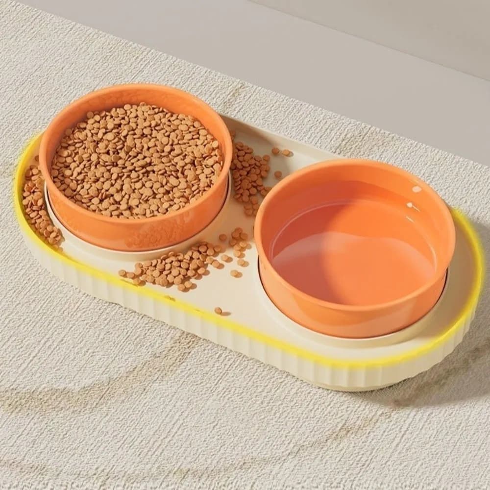 Double Bowl for Cats, Regulated Container for Food and Water for Dogs, Plastic Raised Design