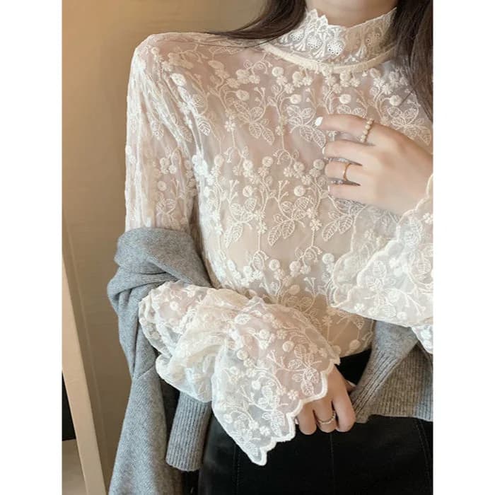 Elegant Lace Blouse Women's Spring Autumn Mesh Base Shirt Floral Trim See through Top Inner Wear Long Sleeve Bell Sleeve