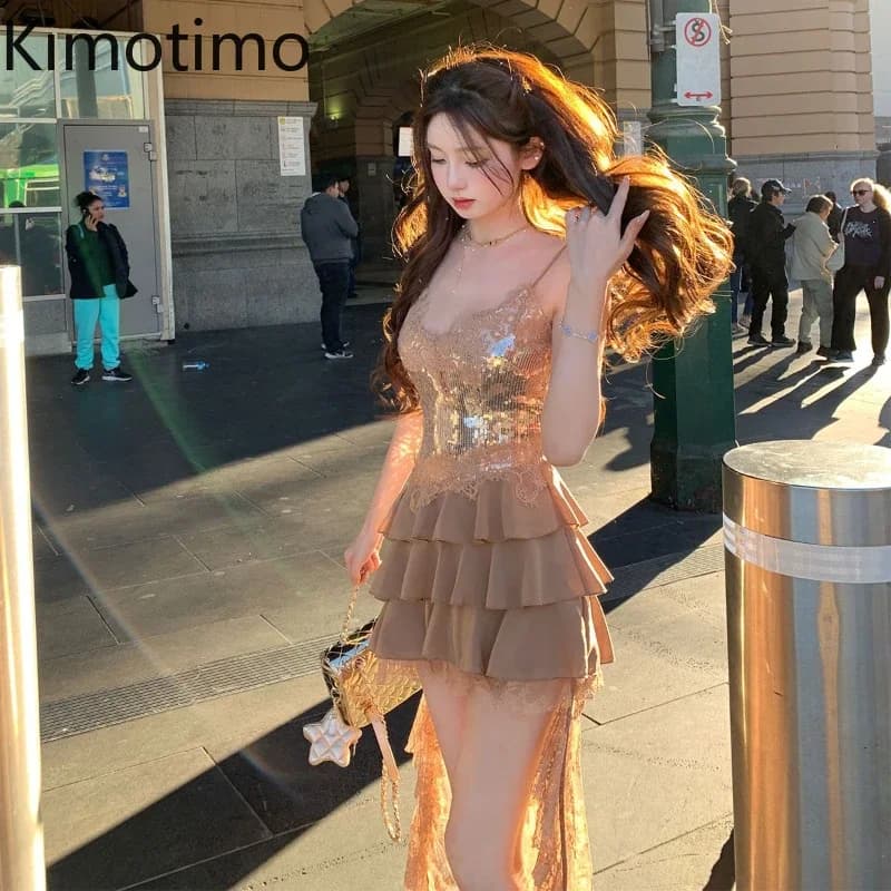 Kimotimo Sexy Paillettes Patchwork Abito Della Bretella Del Merletto Delle Donne di Modo Del Partito Fata Vita Sottile Increspato Torta Mini Abiti Vintage 2025