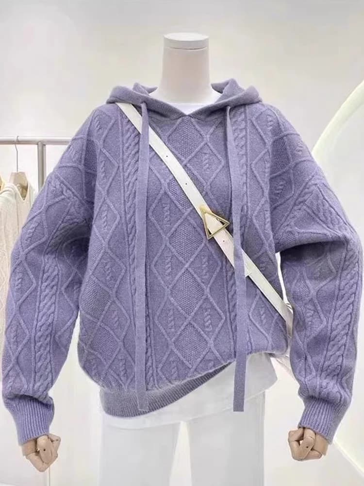 Maglione lavorato a maglia a maniche lunghe dal design coreano, comodo e ampio, da donna, in filato intrecciato, per l'autunno