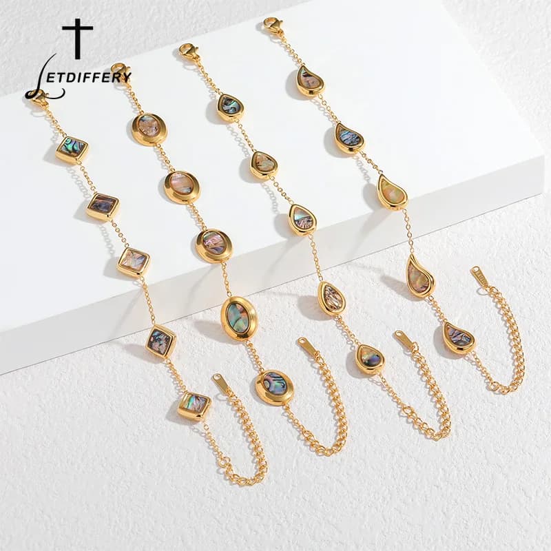 Letdiffery Bracciale con goccia d'acqua alla moda conchiglia di abalone per donna Regali di gioielli con bracciale affascinante in acciaio inossidabile color oro 18 carati