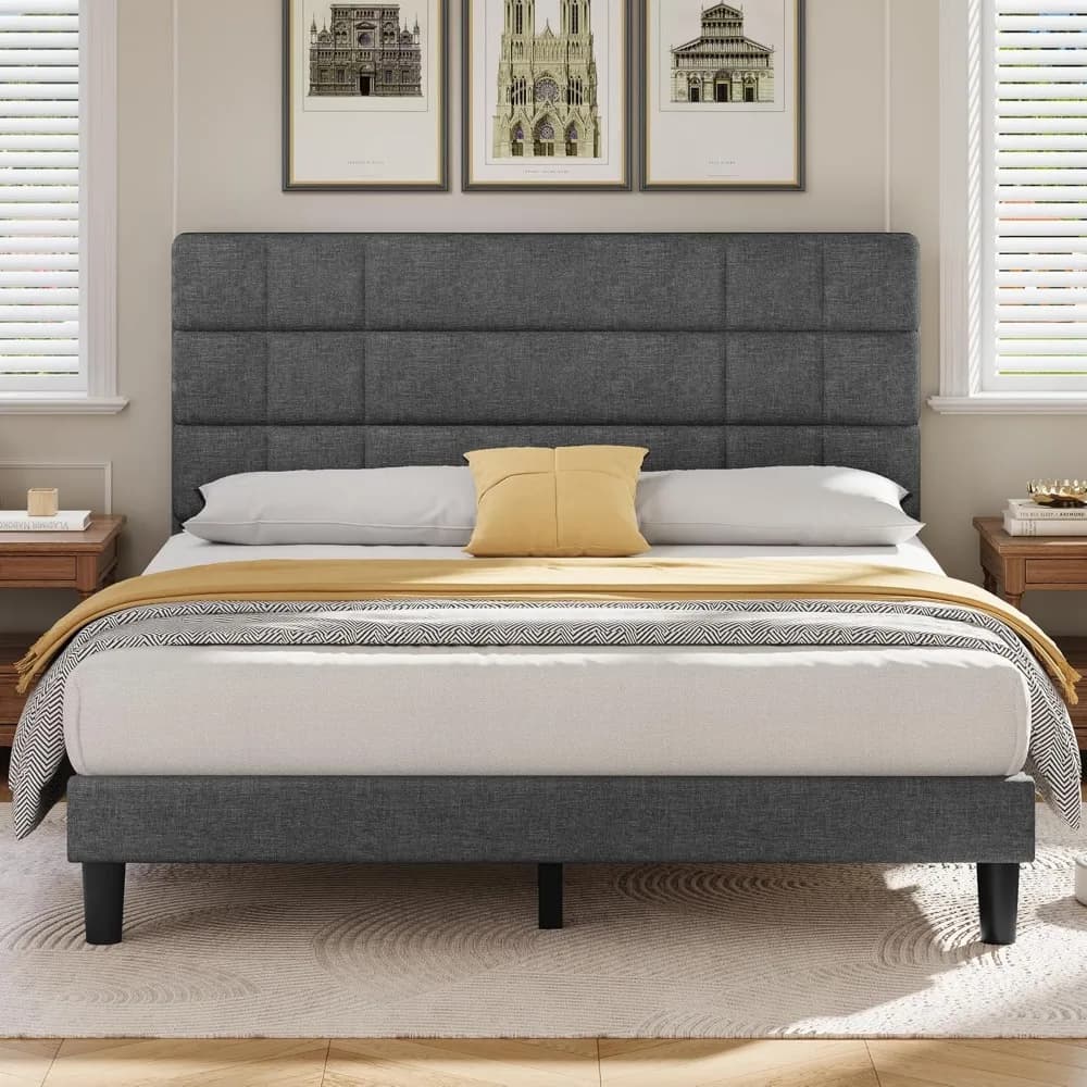 DWVO king size bed frame with fabric padded headboard, mattress base with wooden slats support, no noise/non