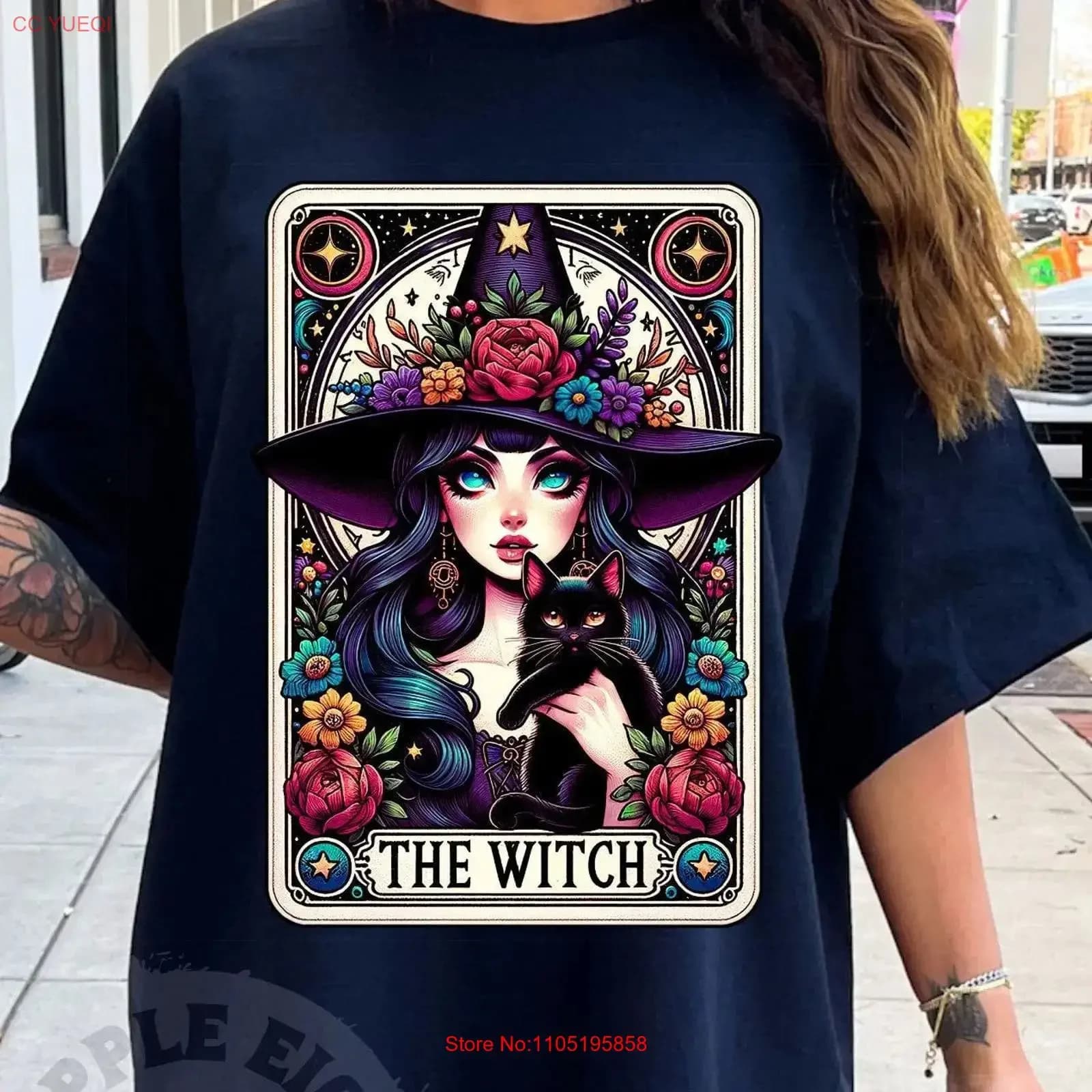 Maglietta The Witch Tarot Card Gothic Pretty Witchy Vibes Wicca Pagan Black Cat Cool vintage lavato unisex allungato traspirante