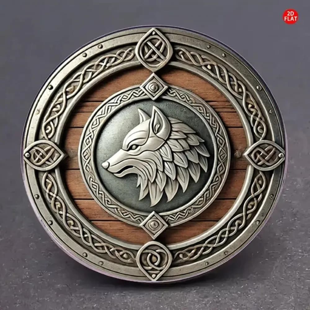Spilla a forma di scudo vichingo con lupo - Distintivo piatto 2D con spirito di guerriero nordico per giacche, zaini e cappelli