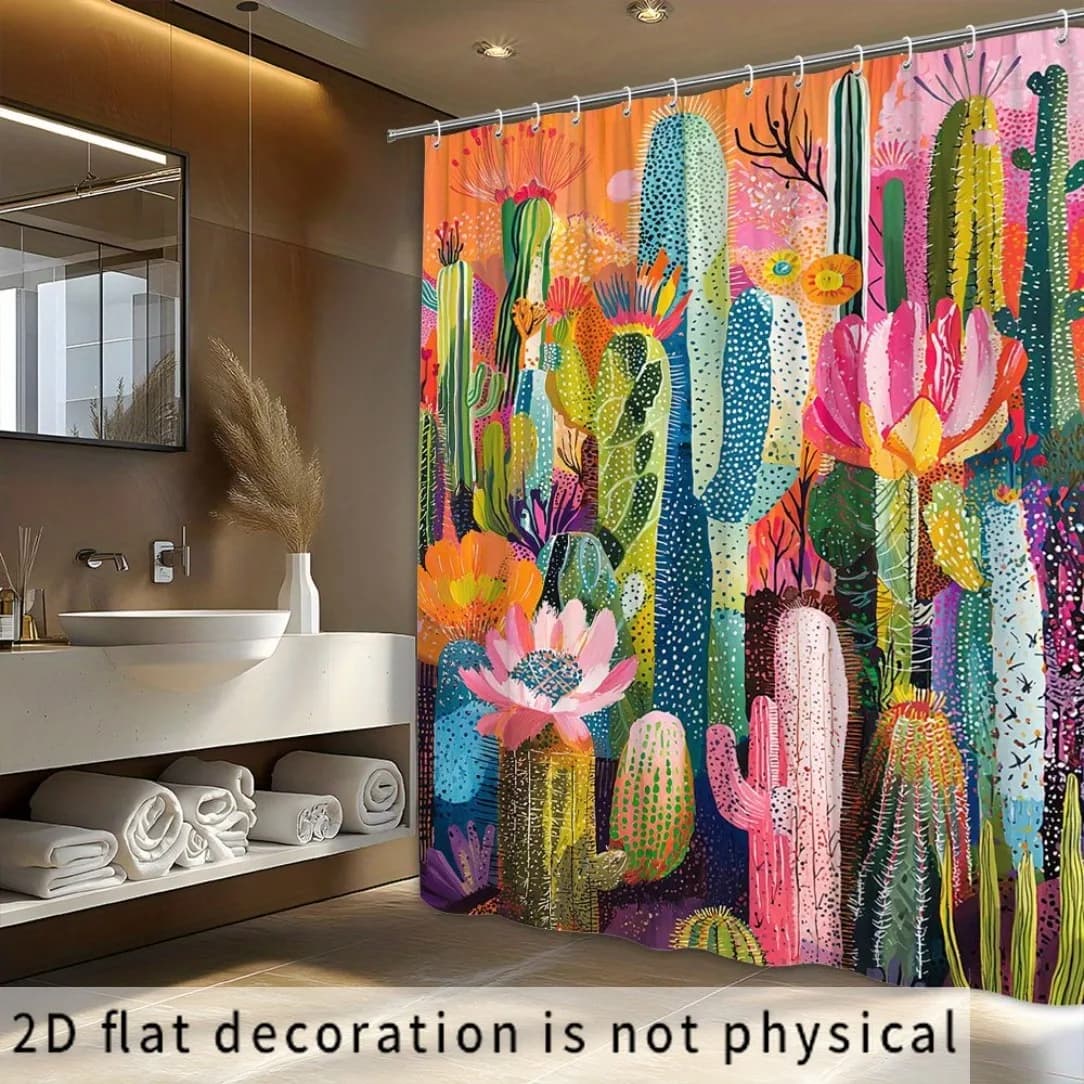2D Flat, 2D Flat, 2D Flat Shower Curtain 1pc, Whimsical Desert Cactus And Sunset Polyester Fabric Shower Curtain, Machine Washab
