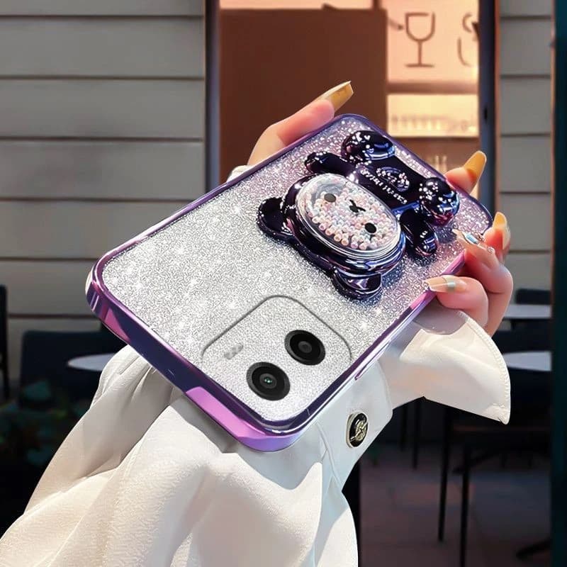 Per Moto G06 Power Fashion Bear Custodia con staffa per Moto G06 Power Plating Cover antiurto