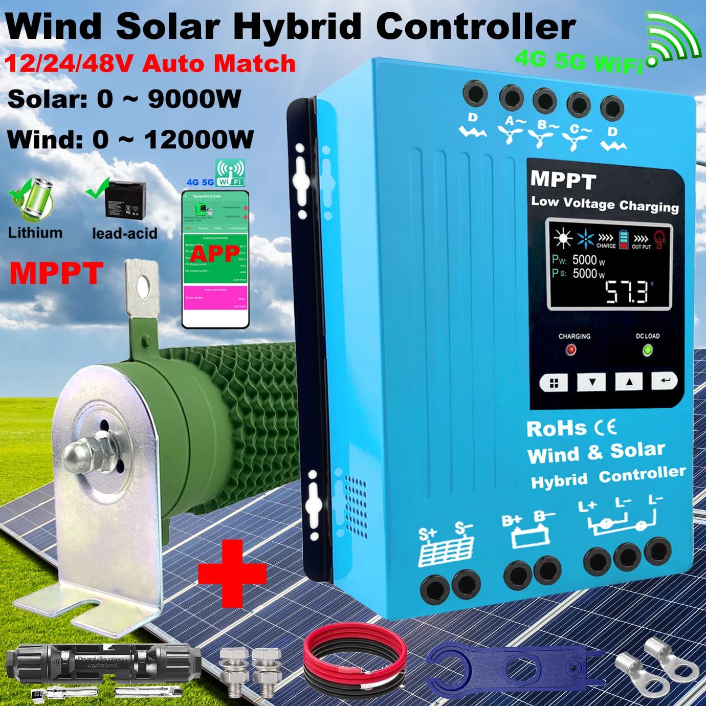 3000W 12/24/48V Regolatore eolico solare automatico WiFi opzionale MPPT Regolatore di carica ibrido Vento Pannello solare Caricatore uso vento solare