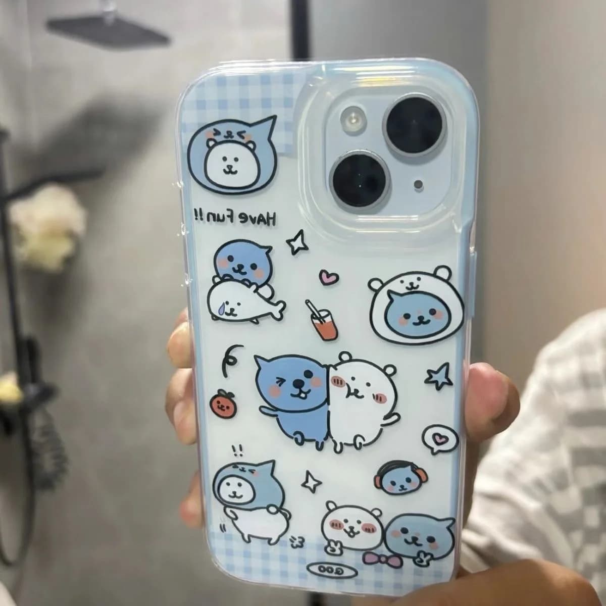 Custodia per telefono coreana Ins Kawaii con orsetto blu cartone animato per iPhone 17 16 15 14 13 12 11 Pro Max 14 15 16 17 Air Plus, cover dolce e carina Y2K