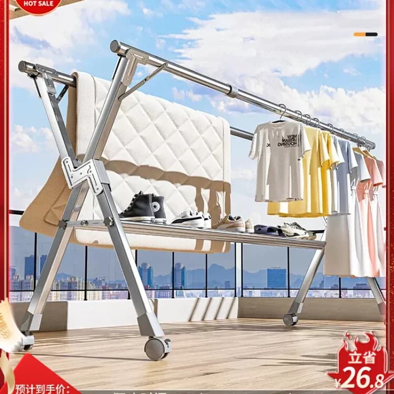 Stainless steel folding clothes hanger, floor to floor, indoor and outdoor balcony, quilt drying tool, bedroom