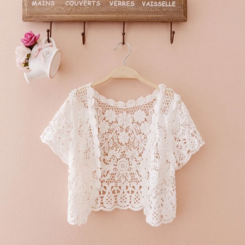 Coprispalle da donna a maniche corte all'uncinetto scava fuori pizzo floreale aperto sul davanti cardigan corto protezione solare bolero smerlato per Jack