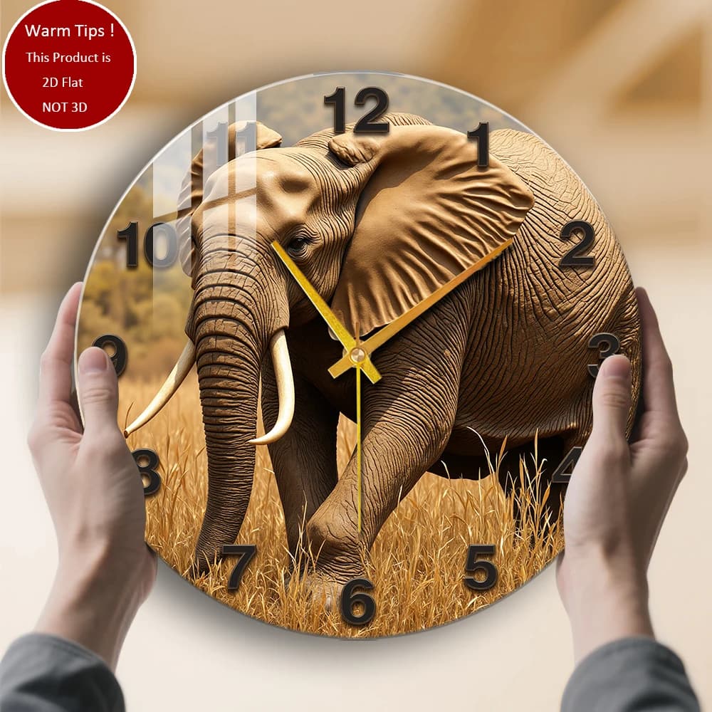 Wall clock in tempered glass Elephant in prairie suitable for wall decorations or table display everywhere