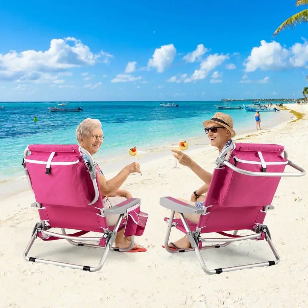 Sedia da Spiaggia Robusta con Zaino, Reclinabile in 5 Posizioni, Tasche Portaoggetti, Porta Asciugamani e Lettino Portatile per Adulti