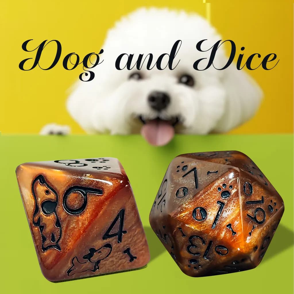 Cute Puppy Paw Acrylic Polyhedral Dice Set,7Pcs Brown Swirl DND RPG Dice with Dog Pattern for Dungeons & Dragons TRPG