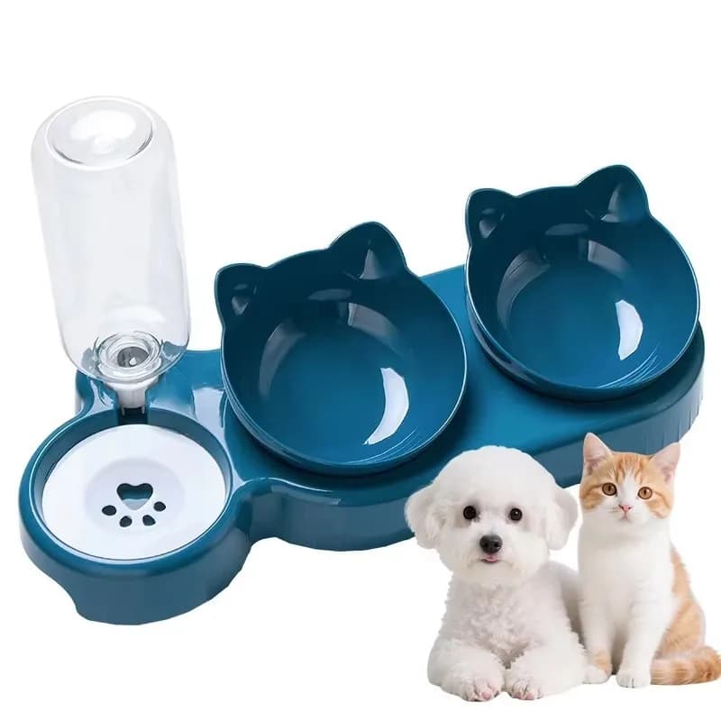 Ciotole 3 in 1 per Acqua e Cibo per Animali Domestici, Doppia Ciotola in Plastica per Gatti con Bottiglia d'Acqua Automatica